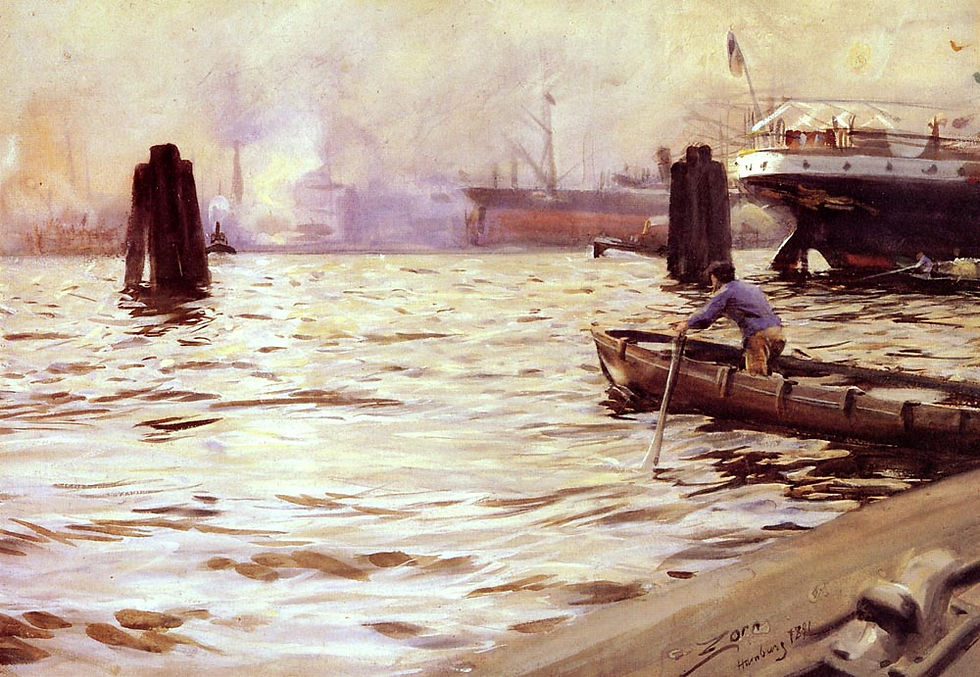 A harbor scene with shimmering golden water, where a boatman rows through the reflective surface