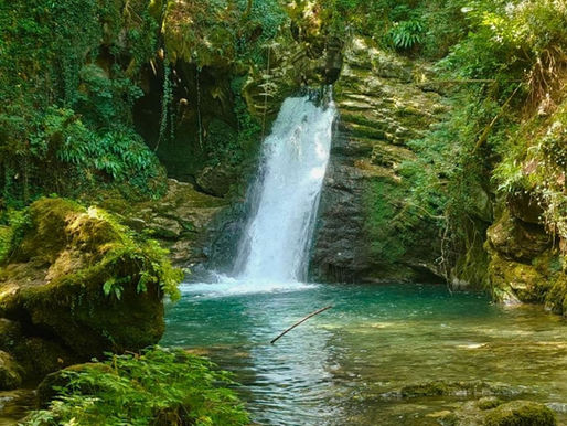 Small waterfall pours into a turquoise pool in a lush mossy forest, surrounded by rocks and dense greenery. Trevi nel Lazio Waterfall, Italy