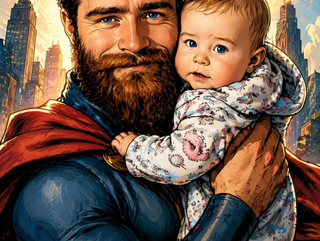 Father dressed as a superhero holding a baby.