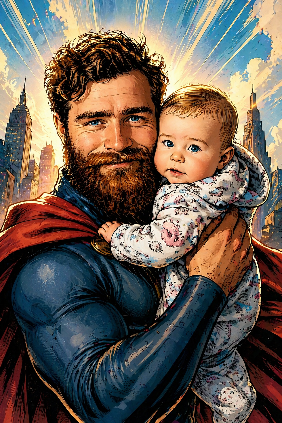 Father dressed as a superhero holding a baby.