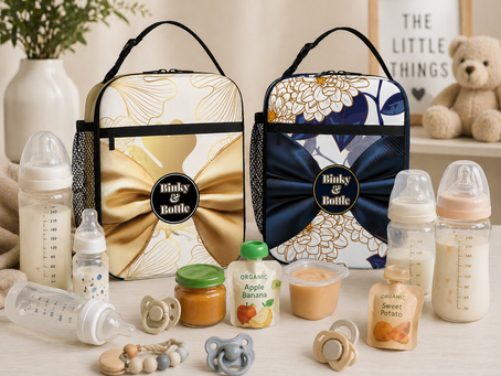 Two baby bottle bags surround by baby bottles and baby food.