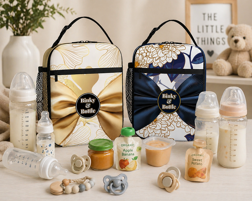 Baby bottle insulated bags surrounded by bottles and baby food.