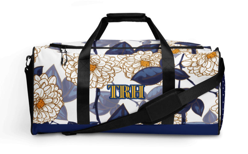 Blue and yellow floral duffle bag.