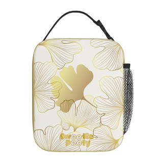 Back of insulated baby food bag in a tan floral.