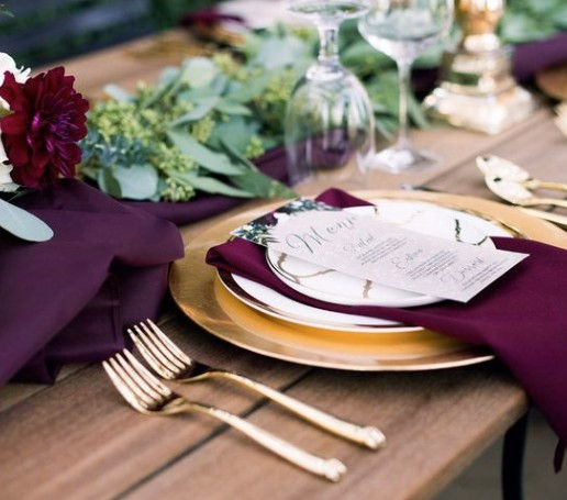 Thumbnail: table featuring our polyester fabric swatch for linens in the color mint dark sangria berry wine