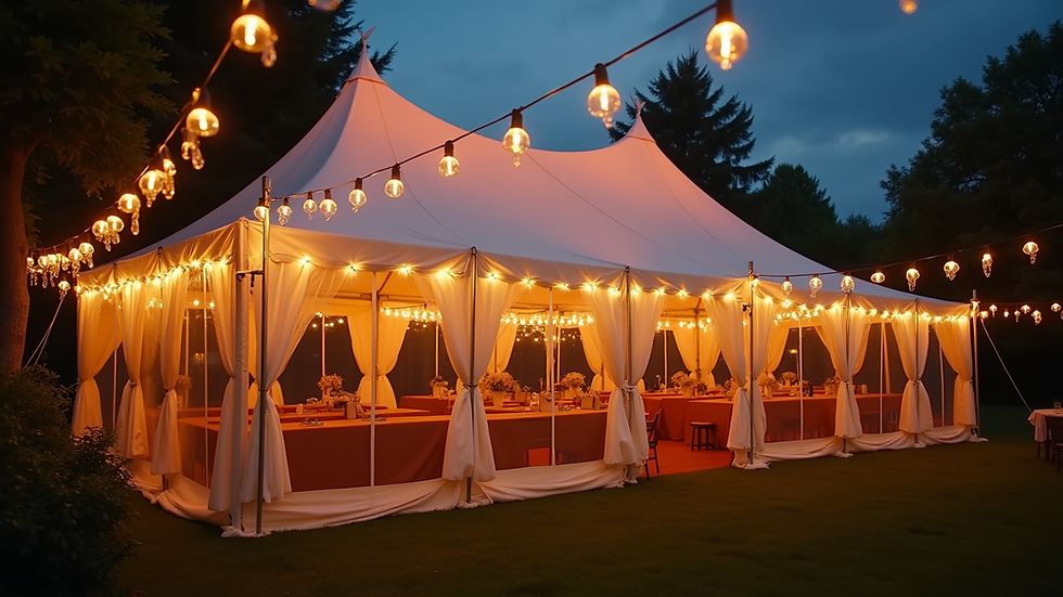 High angle view of a decorated outdoor party tent with string lights