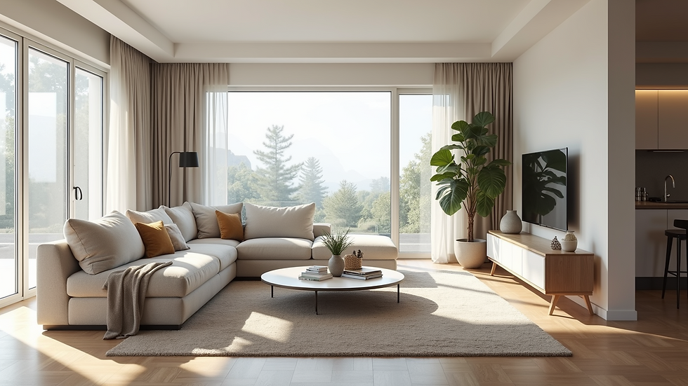 Eye-level view of a bright open-concept living room with modern furniture