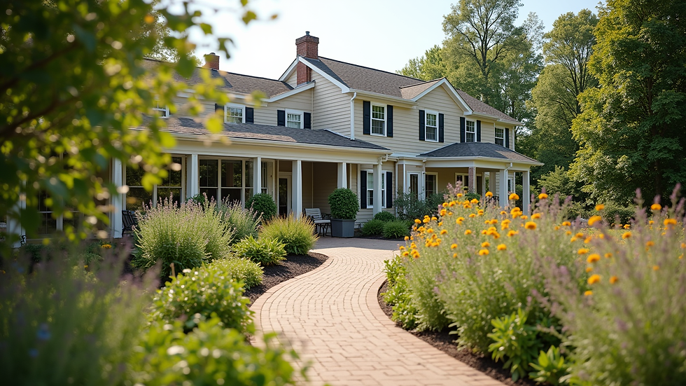 Wide angle view of a welcoming assisted living community garden in Delaware