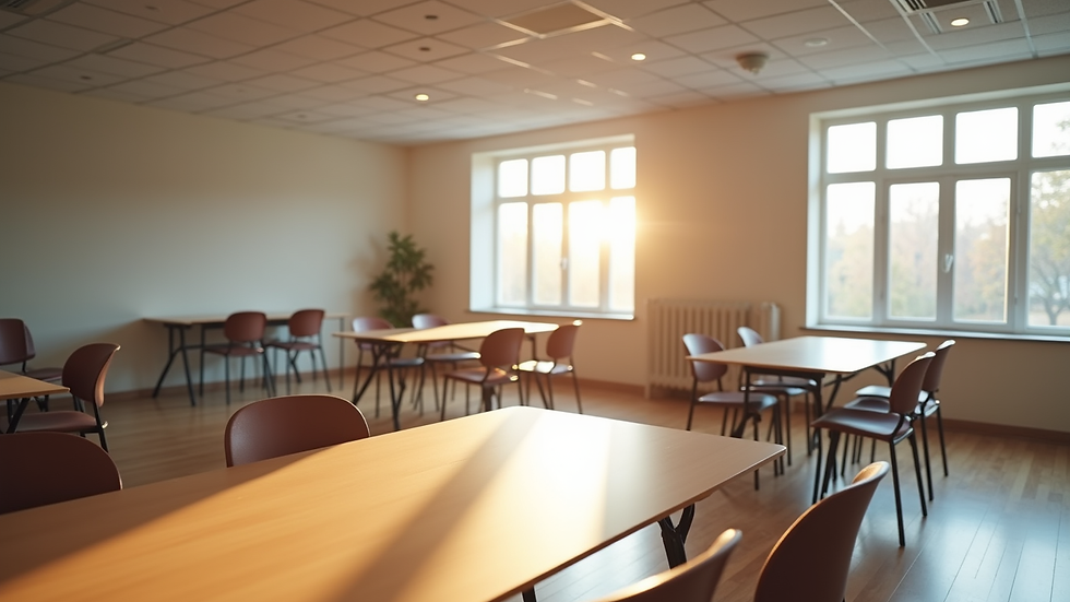 Wide angle view of a community room set up for a group activity with tables and chairs