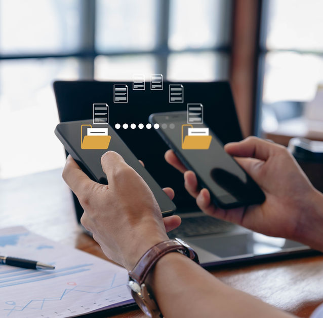 Businessman using smartphone with data folder file for exchange information, File sharing