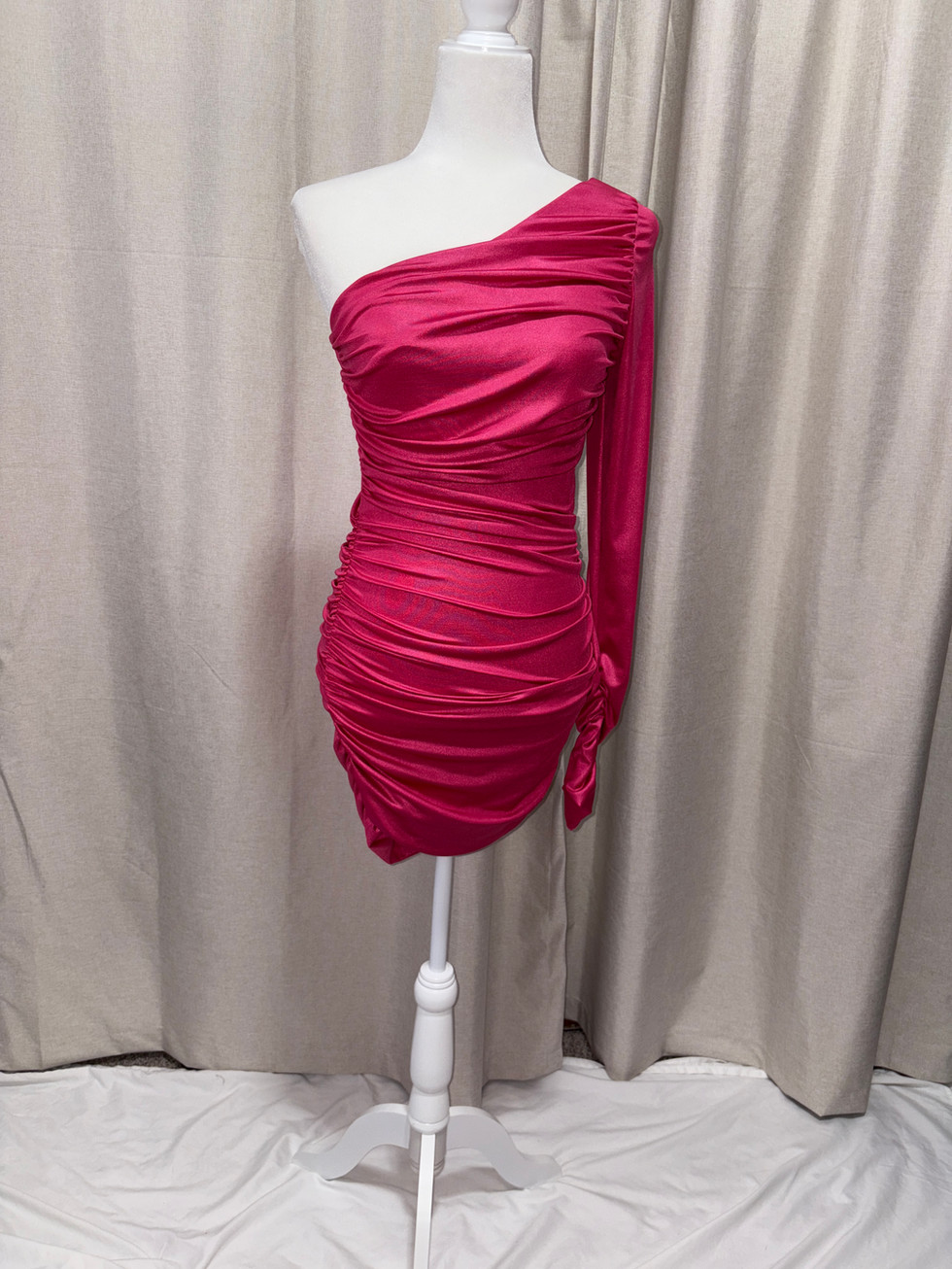 Hot pink one-shoulder mini dress