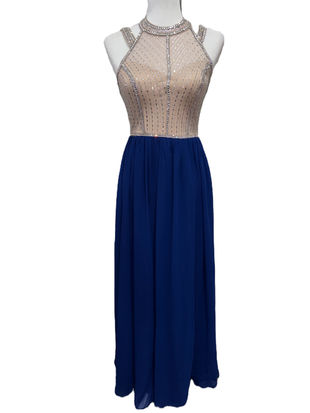 Elegant beaded bodice maxi dress, royal blue skirt