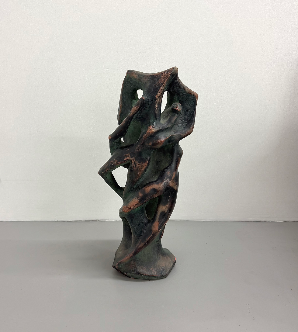 Thumbnail: Vintage Hand Carved Abstract Ceramic Figurative Sculpture With Verdigris Finish