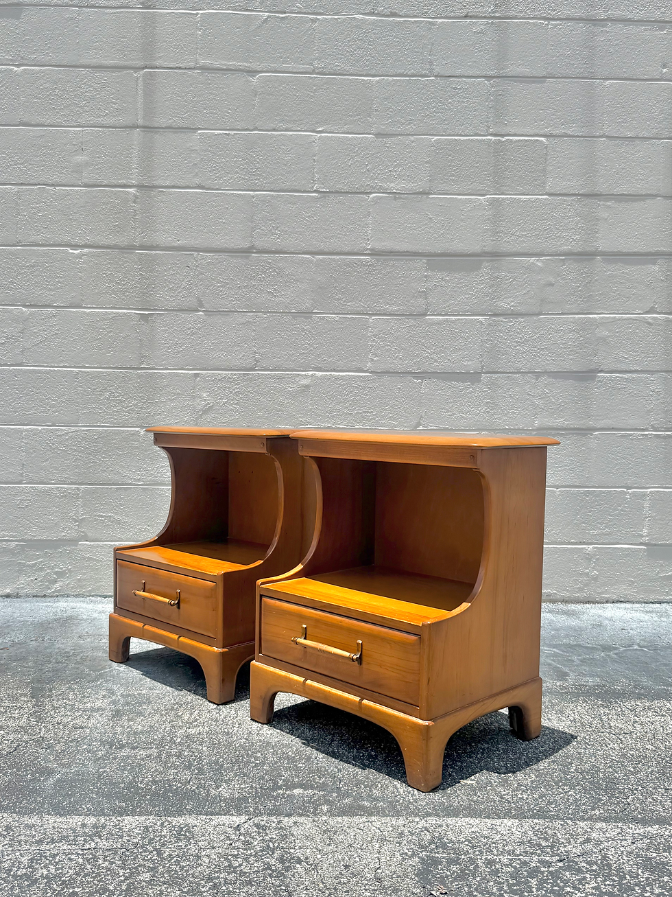 Thumbnail: Vintage Pecan Wood Nightstands - Pair
