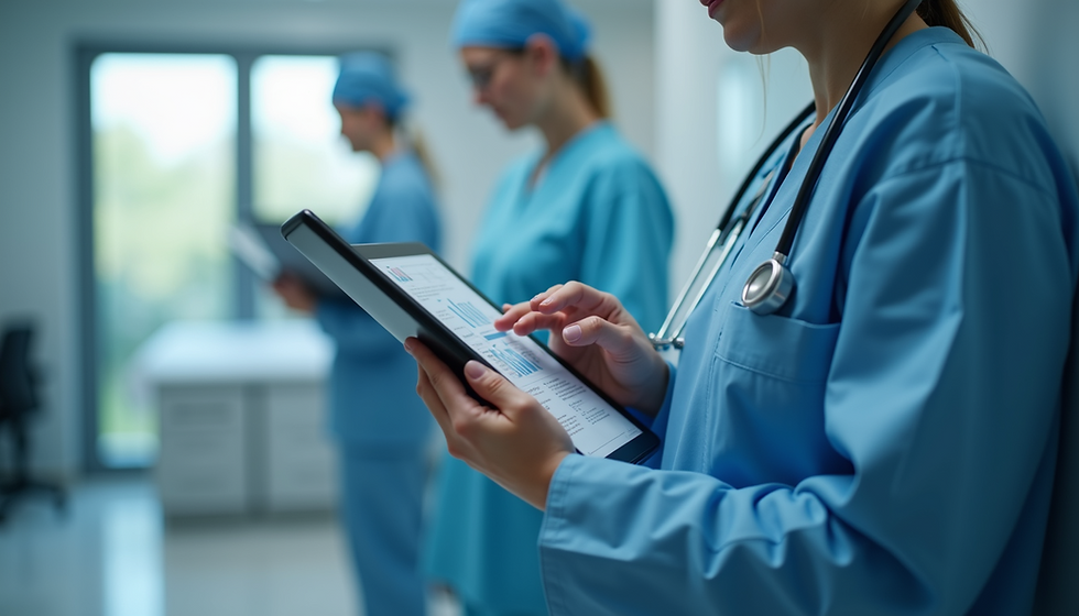 Healthcare professionals utilizing the FarmaLink-PS system in practice to streamline patient data management on digital tablets.