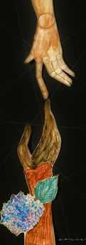 a hand clad in a black glove grazes index fingers with the index finger of a wooden marionette descending from a space above. a brilliant blue hydrangea is affixed to the wrist of the gloved individual.  wispy lines are discernible within the void of the background.  in the bottom-right corner delicate scripted text reads "society". the background is a vacant, black void.