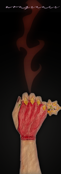 the back of an upraised closed fist is portrayed in a saffron glove equipped with golden metallic elements upon each of the fingers' knuckles. a frail, buttercup is entrapped within the fist's taut grasp. a faint burst of flame emanates from the fist, soaring upwards without abate. scripted text at the top of the composition reads "vongeance." the background is a profound black void.