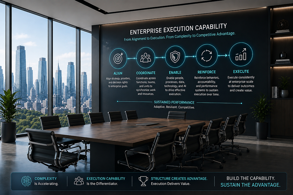 Executive boardroom visualization representing Enterprise Execution Capability as a coordinated organizational system for aligning strategy, coordination, enablement, and sustained enterprise performance.