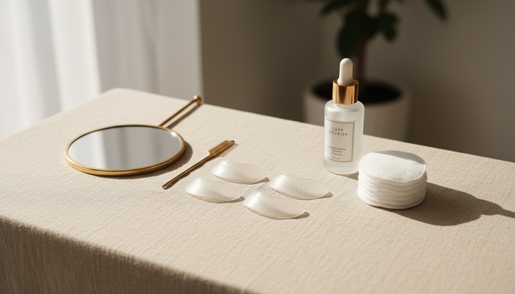 Wide-angle view of a calm beauty treatment setup with lash shields and a handheld mirror