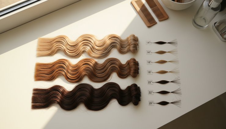 Overhead view of blonde and brunette extension swatches beside fine hair lengths