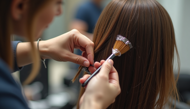 Close-up of a hairdresser applying hair color to mid-length hair