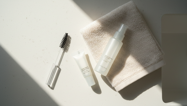 Overhead view of brow aftercare tools on a bathroom counter