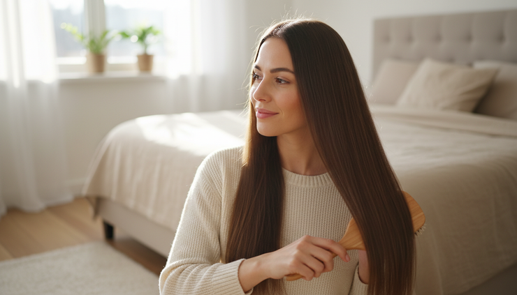 Eye-level view of a person gently brushing fine hair extensions in soft window light