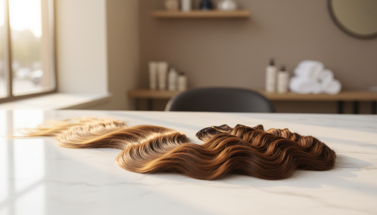 Close-up view of fine hair beside soft brown extension wefts on a vanity