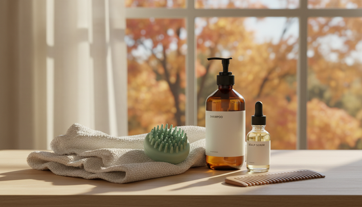 Wide-angle view of a calm bathroom with a towel, scalp brush, and gentle hair care products near a window