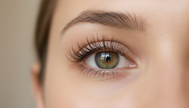 Close-up view of naturally lifted eyelashes with a soft curl