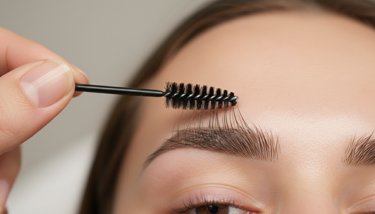Eye-level view of a brow artist brushing eyebrow hairs upward