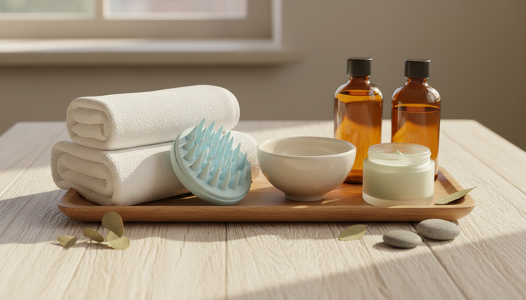 Wide-angle view of neatly arranged head spa tools, towels, and botanical hair products.