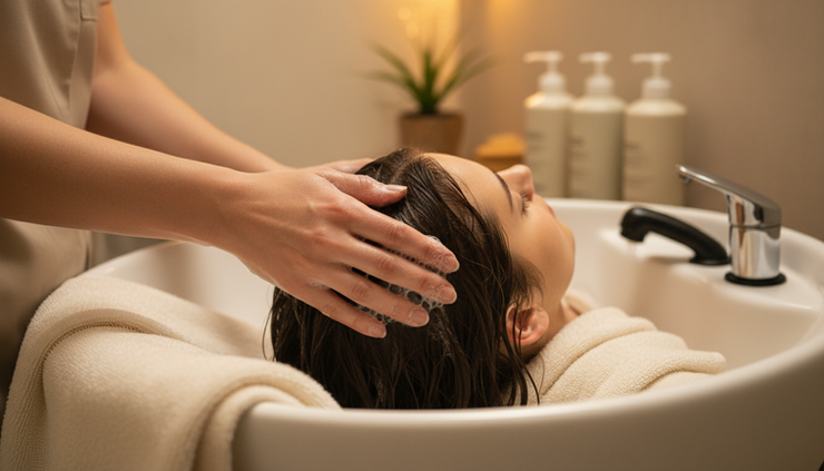 Close-up of a therapist gently massaging shampoo into a client’s scalp at a spa sink