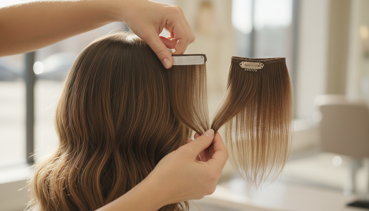 Eye-level view of a stylist comparing tape-in and clip-in extensions near fine hair