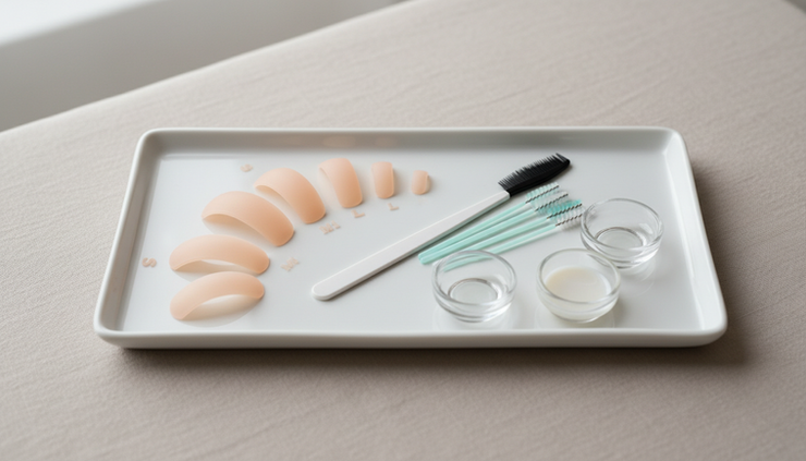 Eye-level view of silicone lash lift shields and fine lash tools on a clean beauty tray