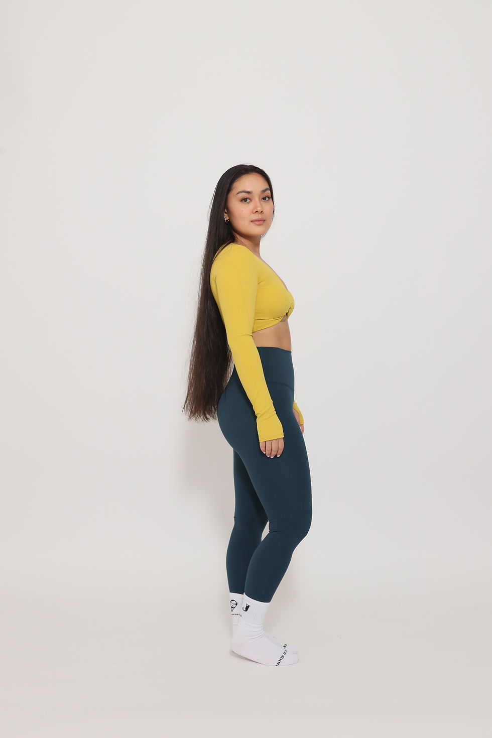 Thumbnail: Nikki Long Sleeve Twist Front Yoga Bra Top mustard