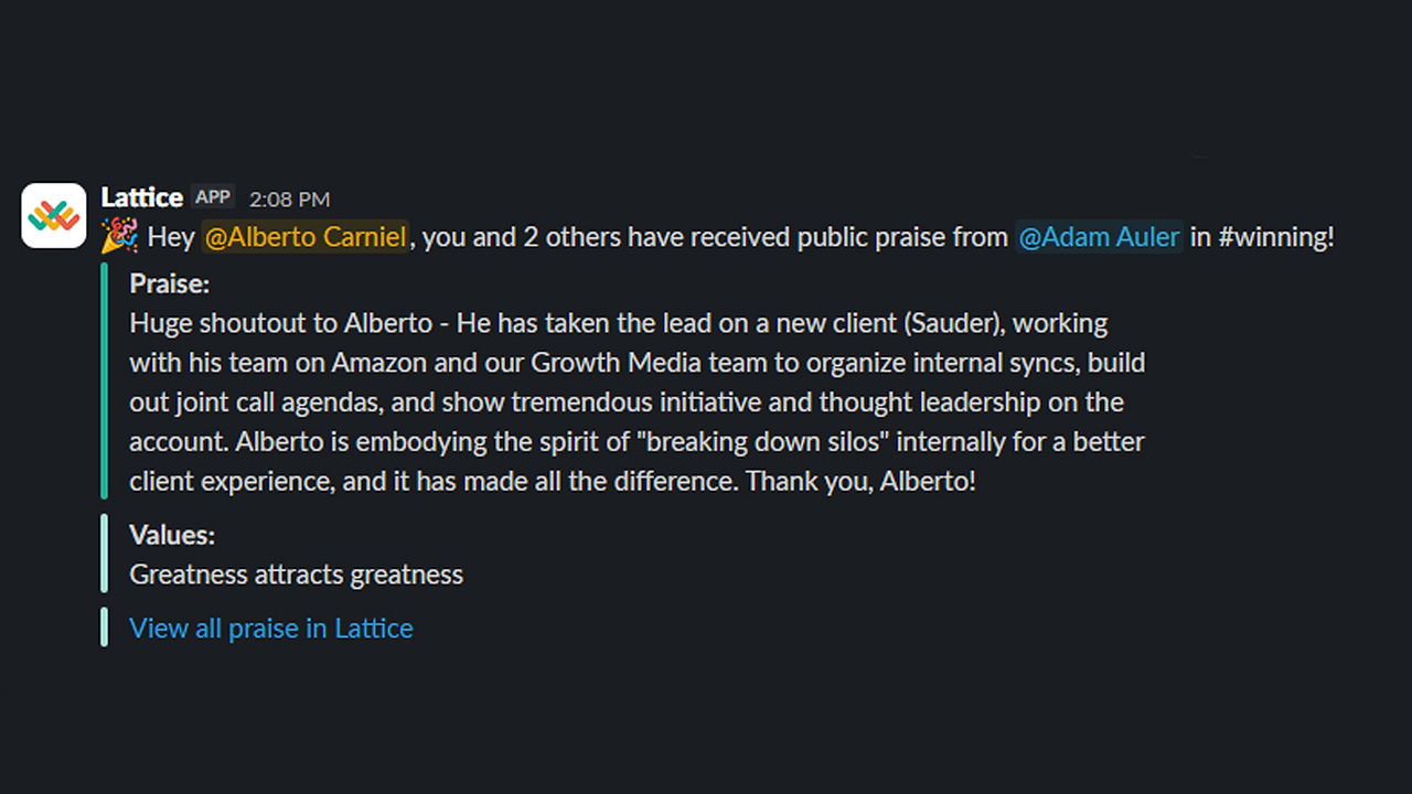 Screenshot of a Lattice public praise message from Adam Auler recognizing Alberto Carniel for leading the Sauder client, organizing internal syncs, building joint call agendas, and driving cross-team collaboration at Tinuiti.