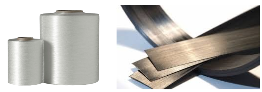 Links: Endlosspule aus Glasfaser. Rechts: Glasfaserband vorimprägniert mit thermoplastischem Polymer