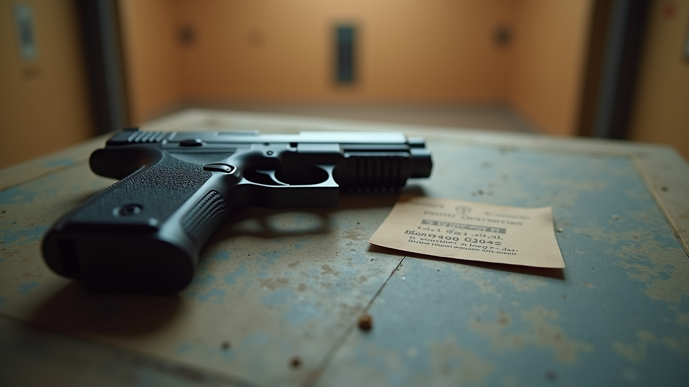 Close-up view of a handgun on a shooting range table