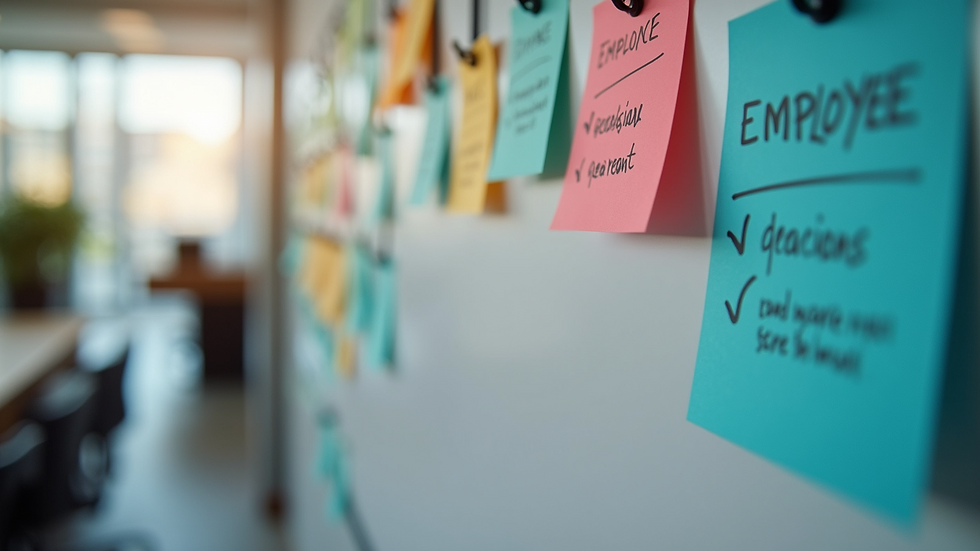 Close-up view of a colorful employee recognition board with notes and badges