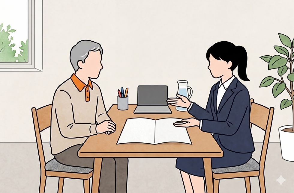ご家族の希望条件に沿った最適な老人ホームやシニア向け住宅を提案する無料カウンセリング風景のイラスト