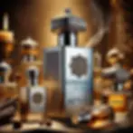 Perfume bottles with ornate caps surround a large "Supremacy Silver" by Afnan. Warm lighting and smoke create a luxurious ambiance.