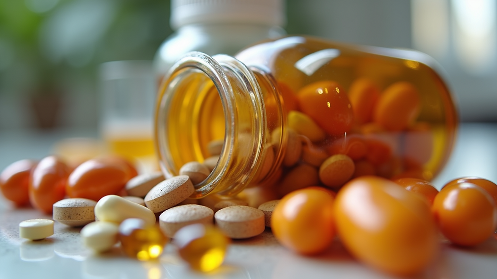 Close-up view of assorted vitamin and mineral supplements in bottles