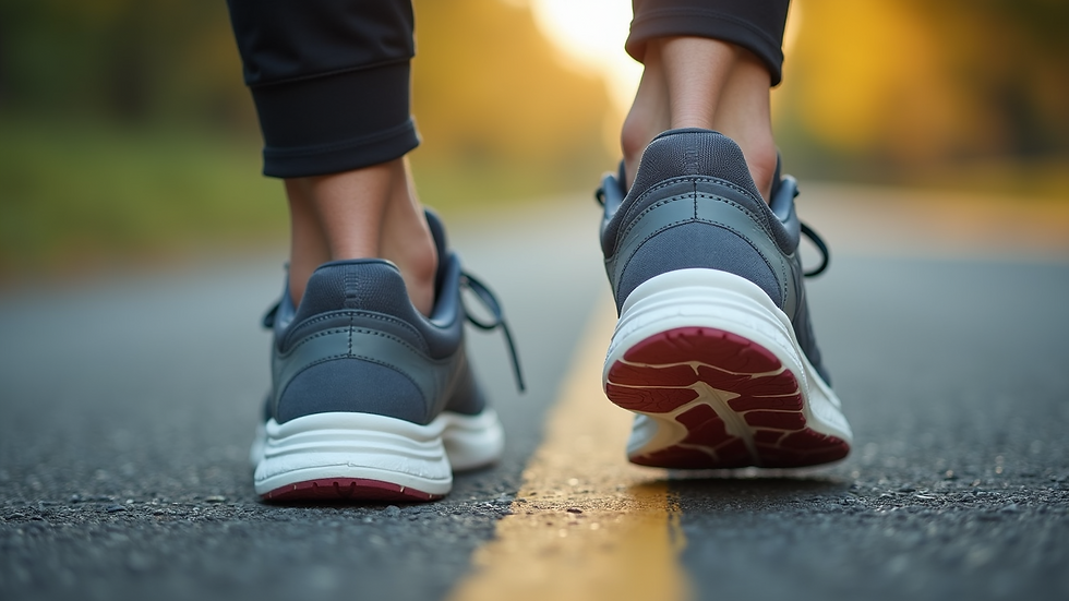 Close-up view of running shoes on a pavement, symbolizing regular exercise