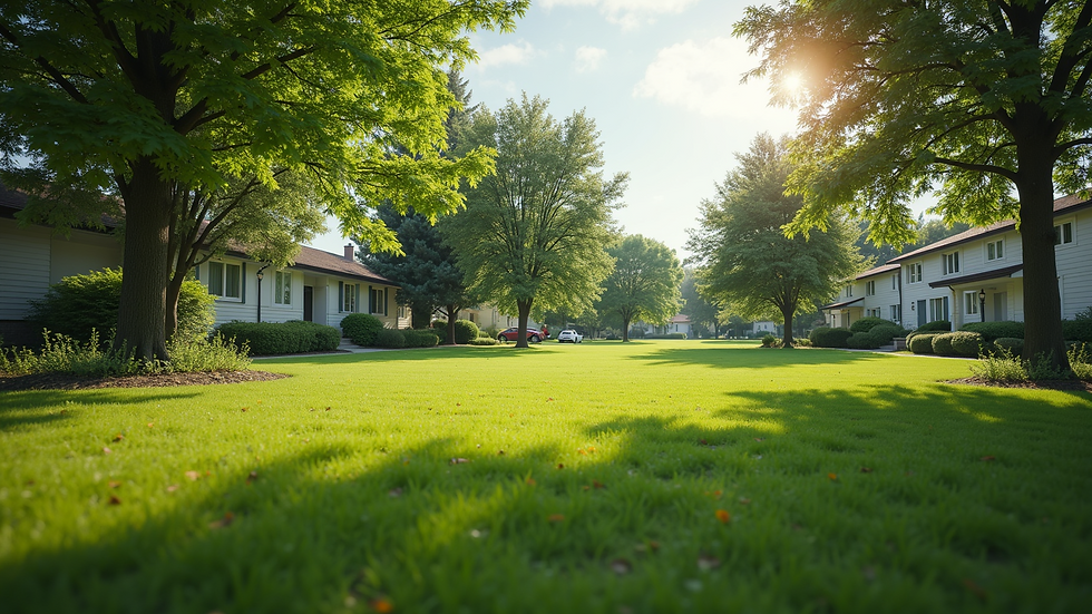 Wide angle view of suburban neighborhood with green parks