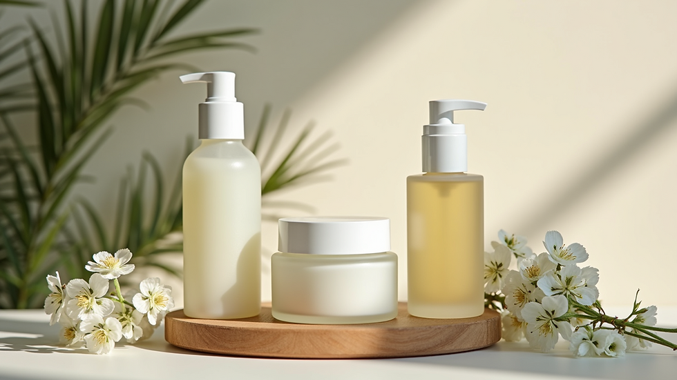 Close-up of a calming skincare product arrangement with natural elements