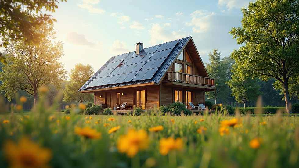 Eye-level view of eco-friendly home with solar panels
