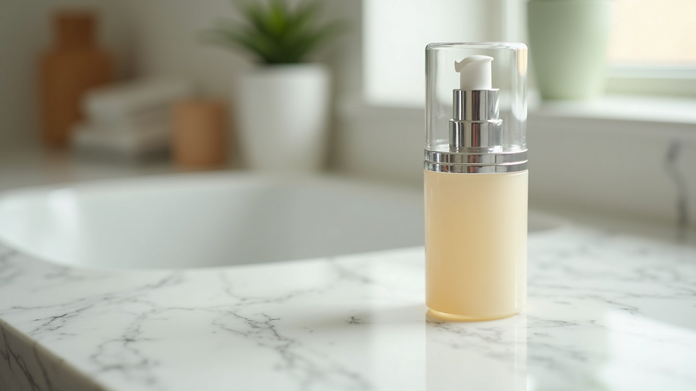 Close-up view of a bottle of hydrating serum on a marble surface
