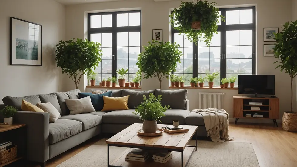 Eye-level view of a cozy living room filled with greenery