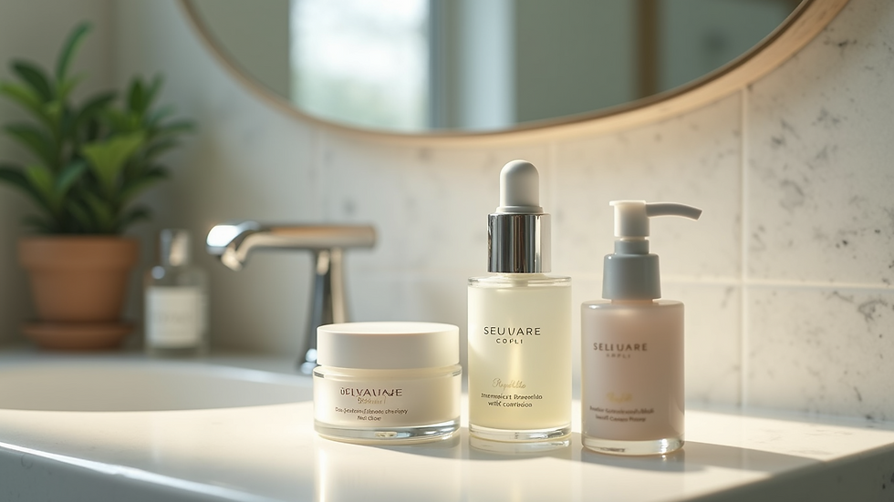 Eye-level view of skincare products arranged on a bathroom counter